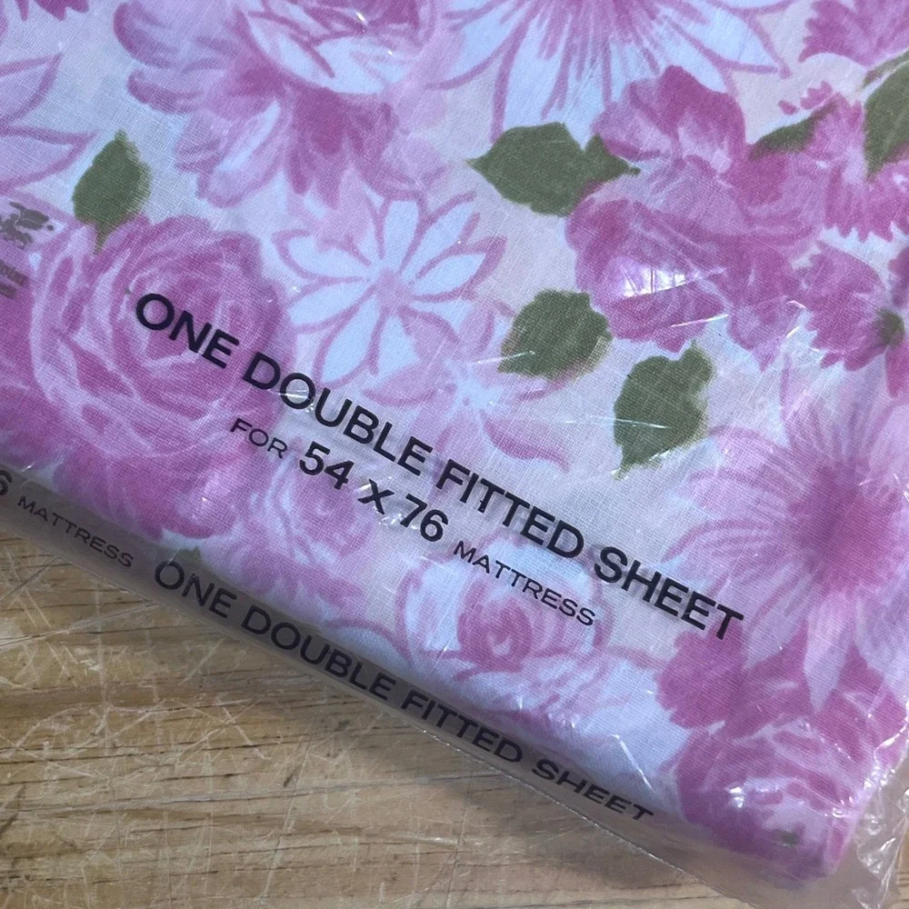 Vtg Lady Pepperell Double Fitted Sheet Pink Floral No-Iron Muslin New NOS USA